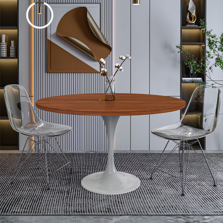 LeisureMod Verve Collection 48 Round Dining Table, White Base with Cognac Brown MDF Top with Chairs.