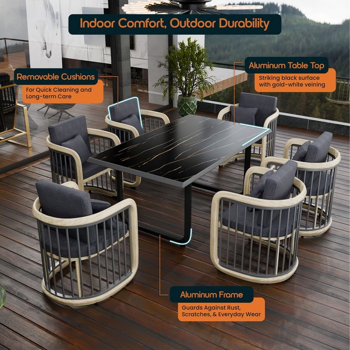 Outdoor dining set with black table and chairs on a wooden deck, featuring text about product features.