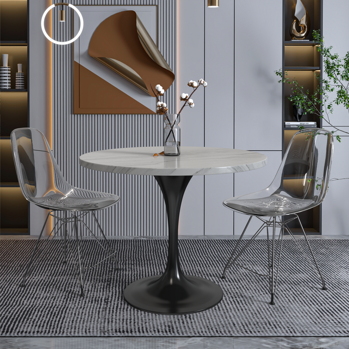 LeisureMod Verve Collection 36 Round Dining Table, Black Base with Sintered Stone White Top in Room.