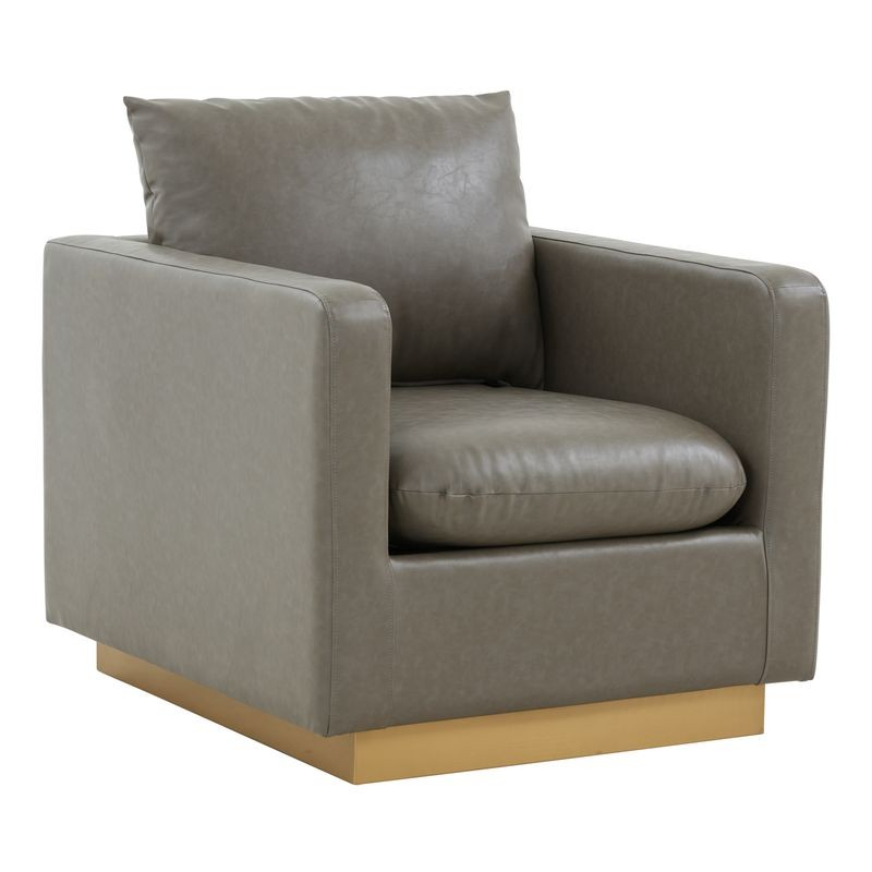 LeisureMod Nervo Faux Leather Accent Armchair with Gold Frame Grey