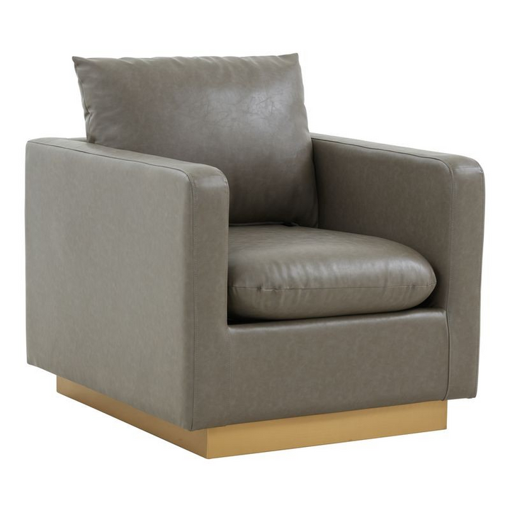 LeisureMod Nervo Faux Leather Accent Armchair with Gold Frame Grey
