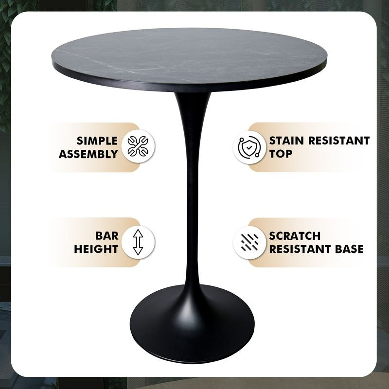 LeisureMod Verve Collection Modern Bar Height Table Black Base with 27" Round Black Marbleized MDF Top Details.