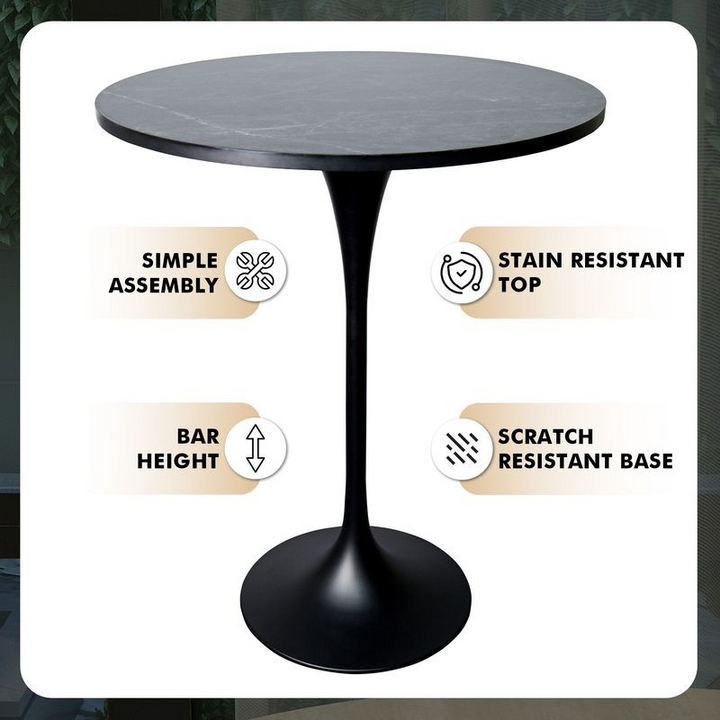 LeisureMod Verve Collection Modern Bar Height Table Black Base with 27" Round Black Marbleized MDF Top Details.