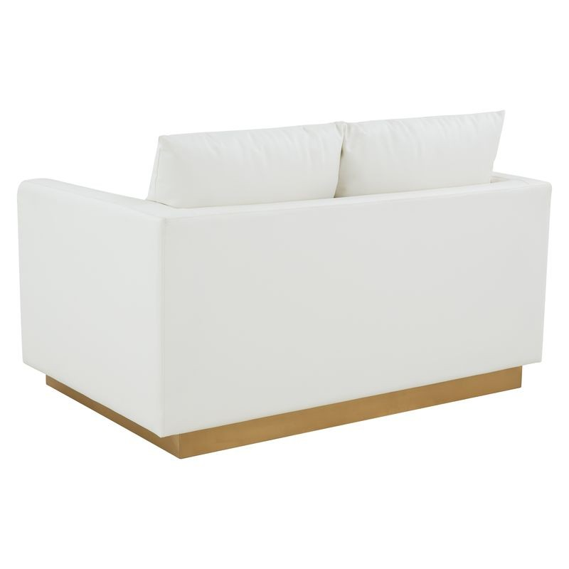 LeisureMod Nervo Modern Mid-Century Upholstered Faux Leather Loveseat with Gold Frame White Back.