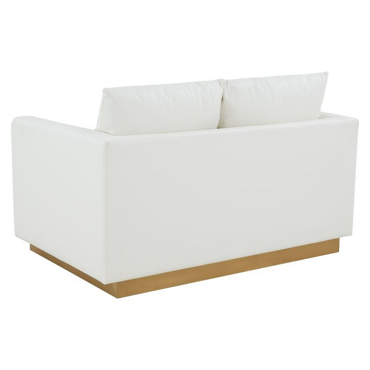 LeisureMod Nervo Modern Mid-Century Upholstered Faux Leather Loveseat with Gold Frame White Back.