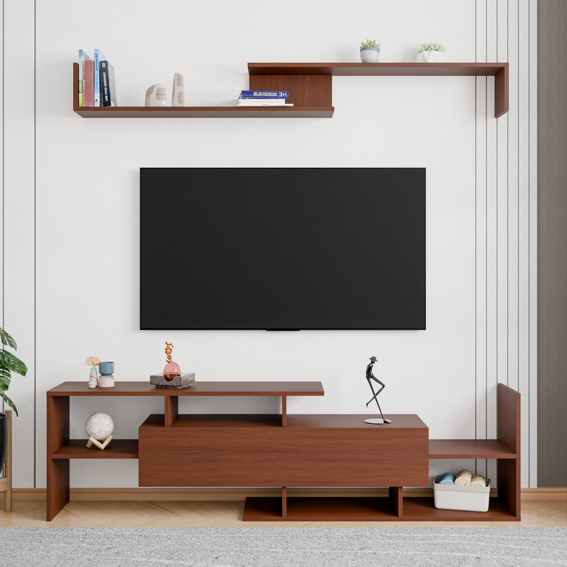 LeisureMod Surrey Modern TV Stand with MDF Shelves and Bookcase in Walnut Front View.