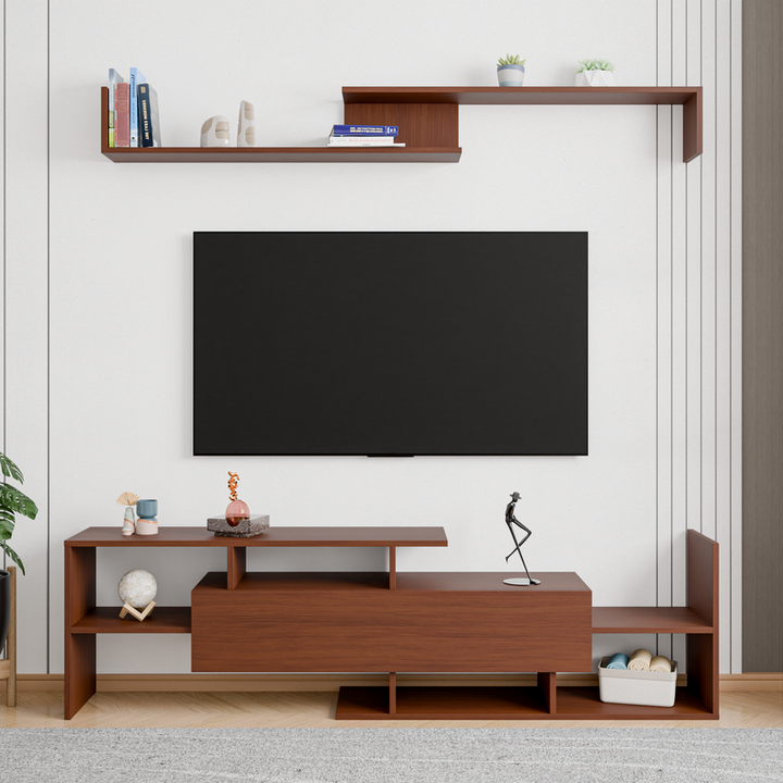 LeisureMod Surrey Modern TV Stand with MDF Shelves and Bookcase in Walnut Front View.