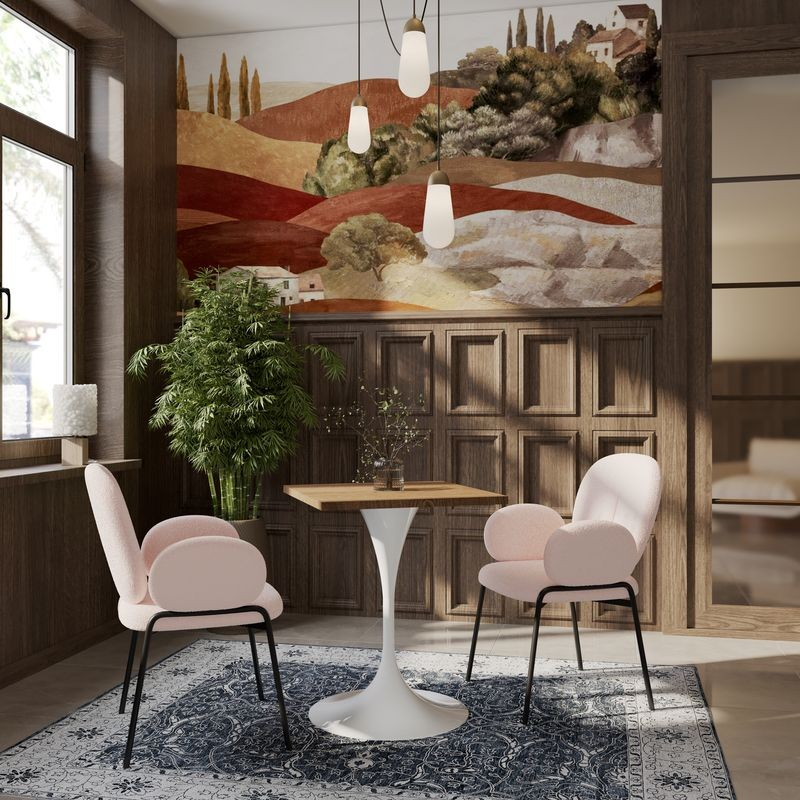 LeisureMod Verve Collection 24 Square Dining Table, White Base with Dark Maple MDF Top in Room.