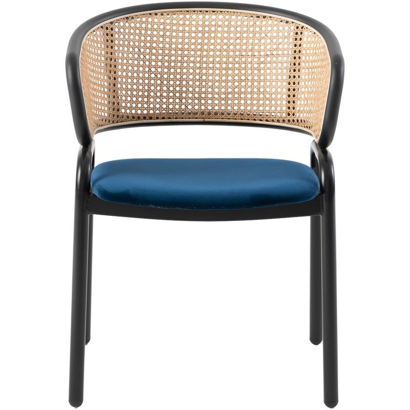 Leisuremod Ervilla Modern Dining Chair with Stainless Steel Legs Velvet Seat and Wicker Back Navy Blue Front View.
