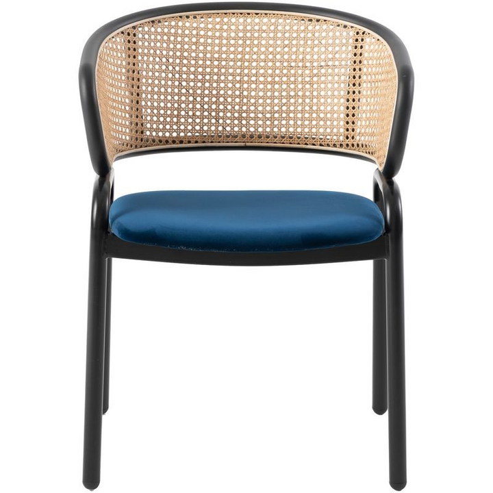 Leisuremod Ervilla Modern Dining Chair with Stainless Steel Legs Velvet Seat and Wicker Back Navy Blue Front View.