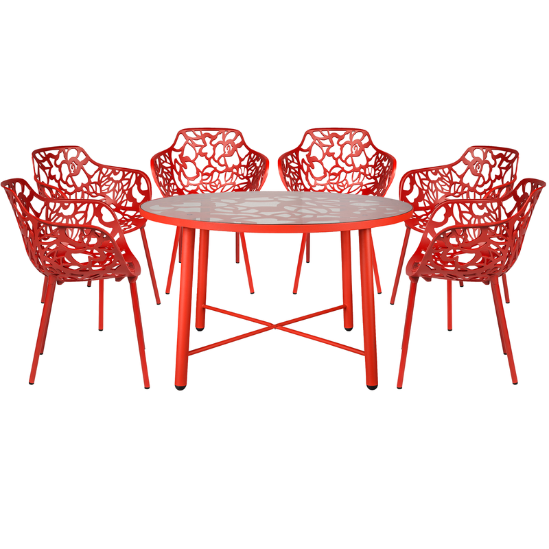 LeisureMod Devon Mid-Century Modern 7-Piece Aluminum Outdoor Patio Dining Set with Tempered Glass Top Table and 6 Stackable Flower Design Armchairs Red