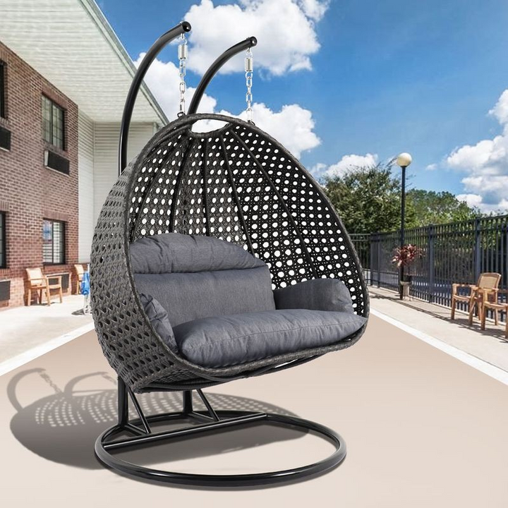 LeisureMod Charcoal Wicker Hanging 2 person Egg Swing Chair Charcoal Blue