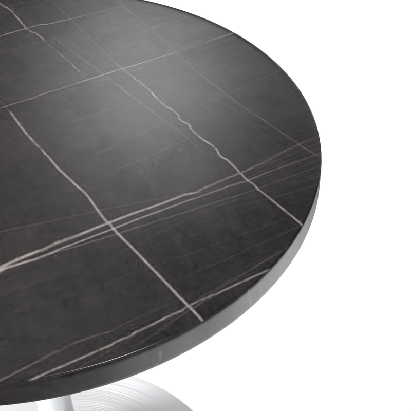 LeisureMod Verve Collection 27 Round Dining Table, White Base with Sintered Stone Black Top View.