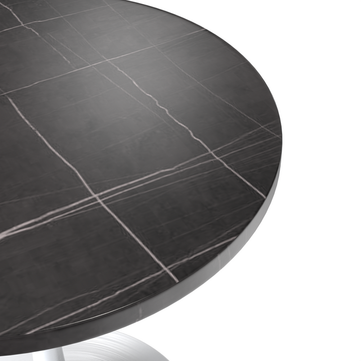LeisureMod Verve Collection 27 Round Dining Table, White Base with Sintered Stone Black Top View.
