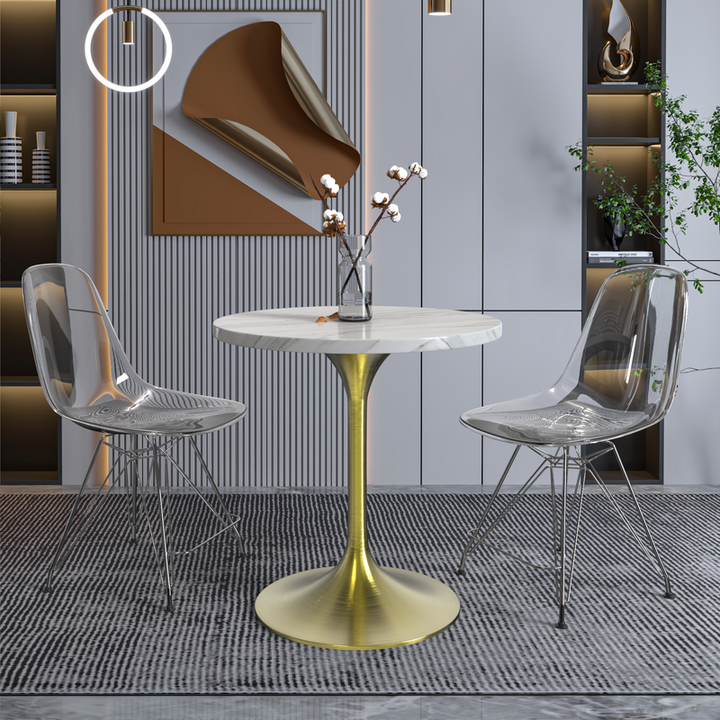LeisureMod Verve Collection 27 Round Dining Table, Brushed Gold Base with Sintered Stone White Top with Chairs.