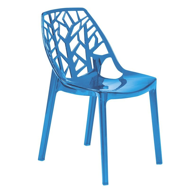 LeisureMod Cornelia Modern Spring Cut-Out Tree Design Stackable Dining Chair Transparent Blue