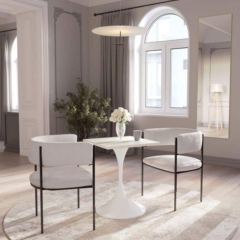 LeisureMod Verve Collection 24 Square Dining Table, White Base with Light Natural Wood MDF Top in Room.