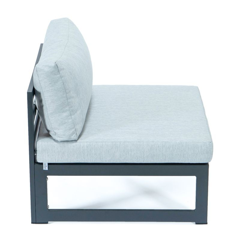 LeisureMod Chelsea 5-Piece Middle Patio Chairs and Coffee Table Set Black Aluminum with Cushions Light Grey Side of Chair.