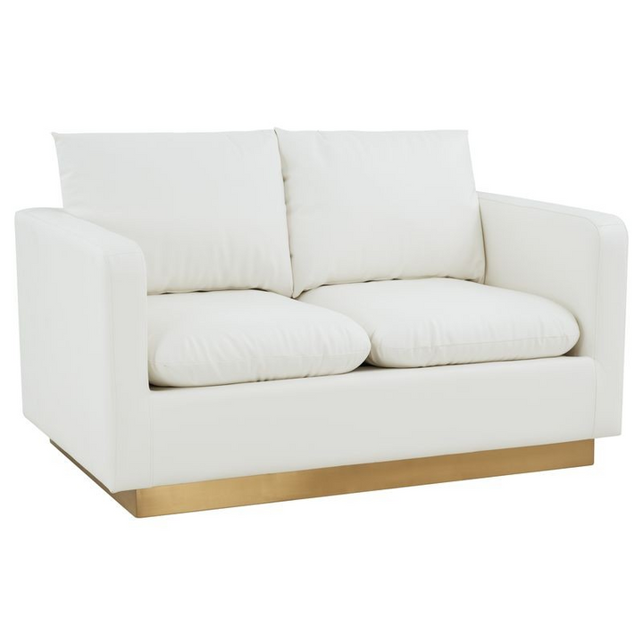 LeisureMod Nervo Modern Mid-Century Upholstered Faux Leather Loveseat with Gold Frame White