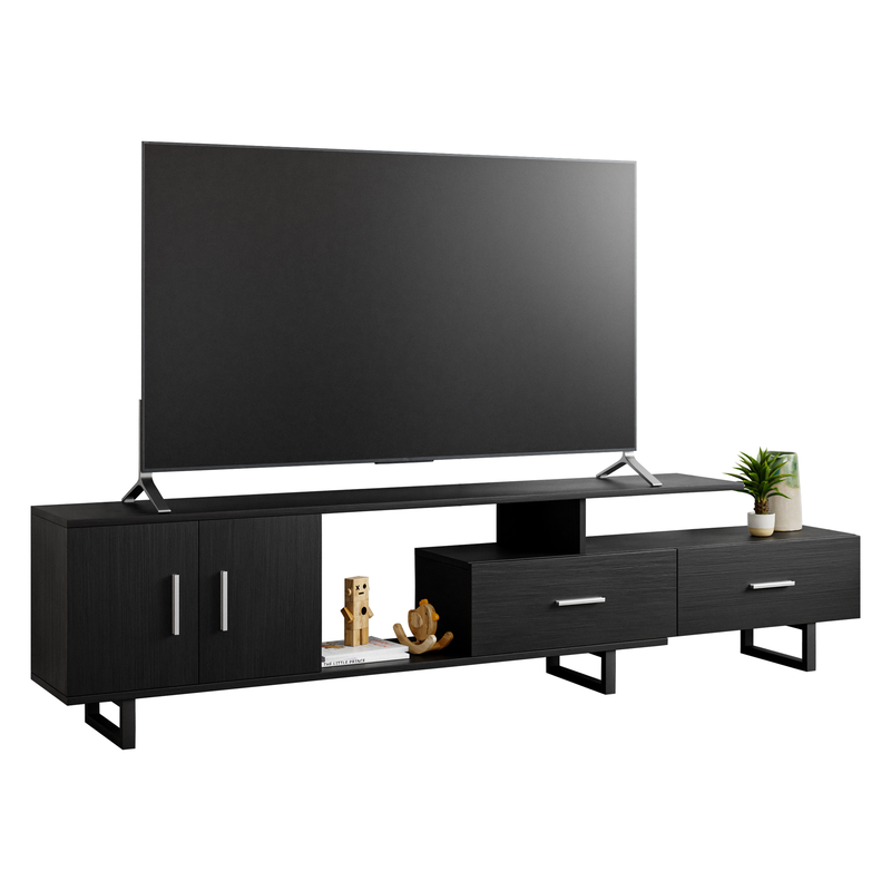 LeisureMod Avery Mid-Century Modern TV Stand with MDF Cabinet and Powder Coated Steel Legs Ebony Closer View.