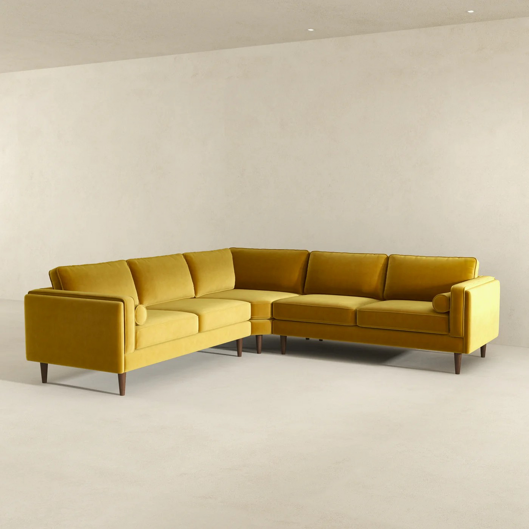 Amber Yellow Velvet Corner Sectional Sofa Image.