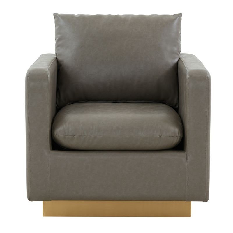 LeisureMod Nervo Faux Leather Accent Armchair with Gold Frame Grey Front Photo.