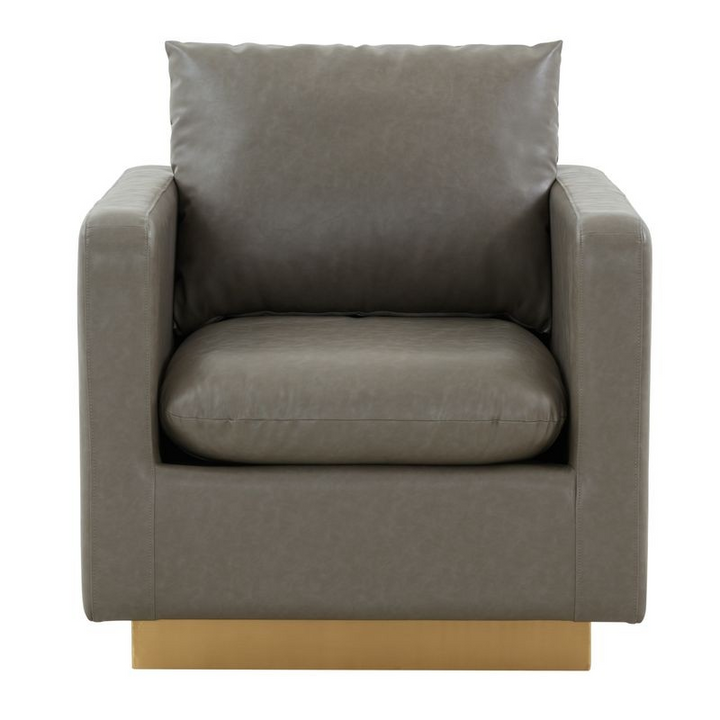 LeisureMod Nervo Faux Leather Accent Armchair with Gold Frame Grey Front Photo.