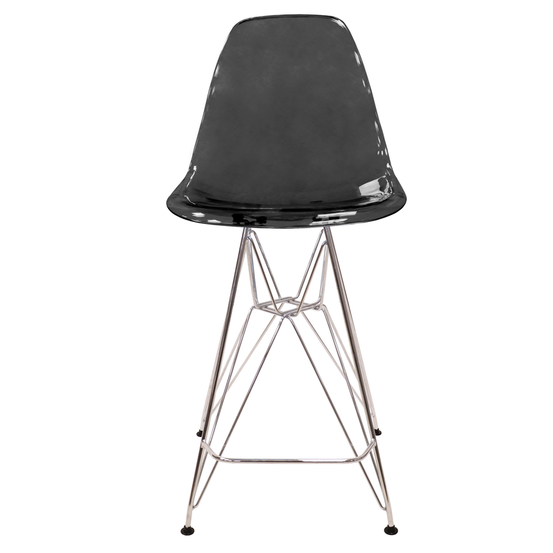 LeisureMod Cresco Modern Acrylic Barstool with Chrome Base and Footrest in Transparent Black Front View.