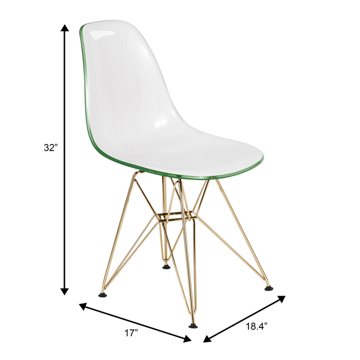 LeisureMod Cresco Molded 2-Tone Eiffel Side Chair with Gold Base in White Green Dimensions