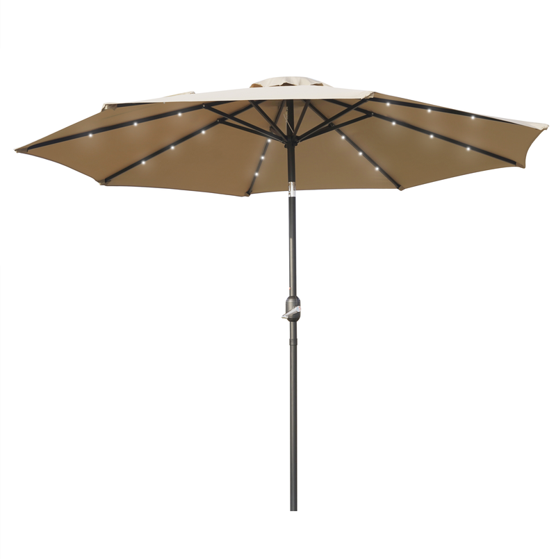 LeisureMod Sierra 9' Outdoor Patio Tilt Market Umbrella with Solar LED Lights Beige