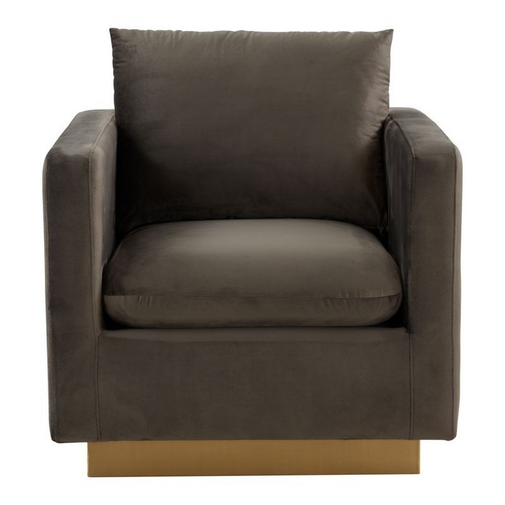 LeisureMod Nervo Velvet Accent Armchair with Gold Frame Dark Grey Front View.