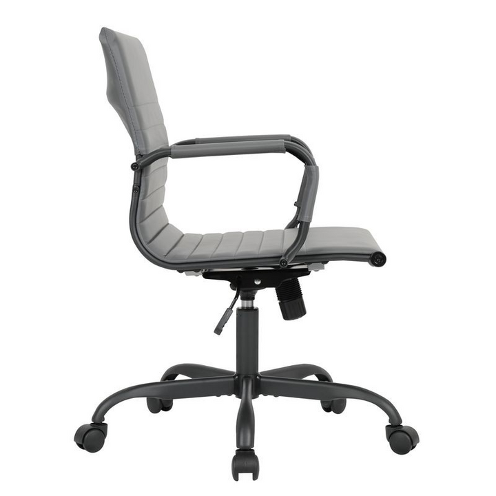 LeisureMod Harris Leather Home Office Chair in Grey with Black Frame Side View.