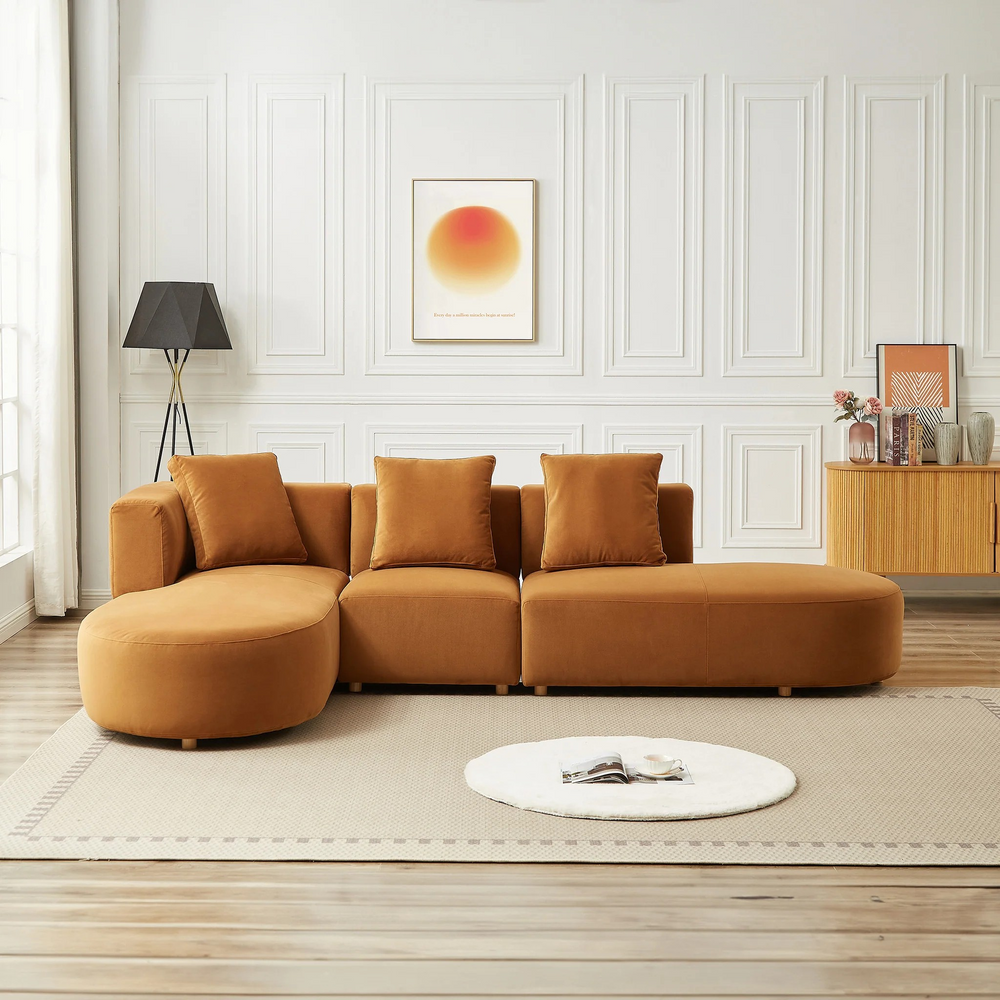 Orby Velvet Sectional Sofa Left Facing Front View.