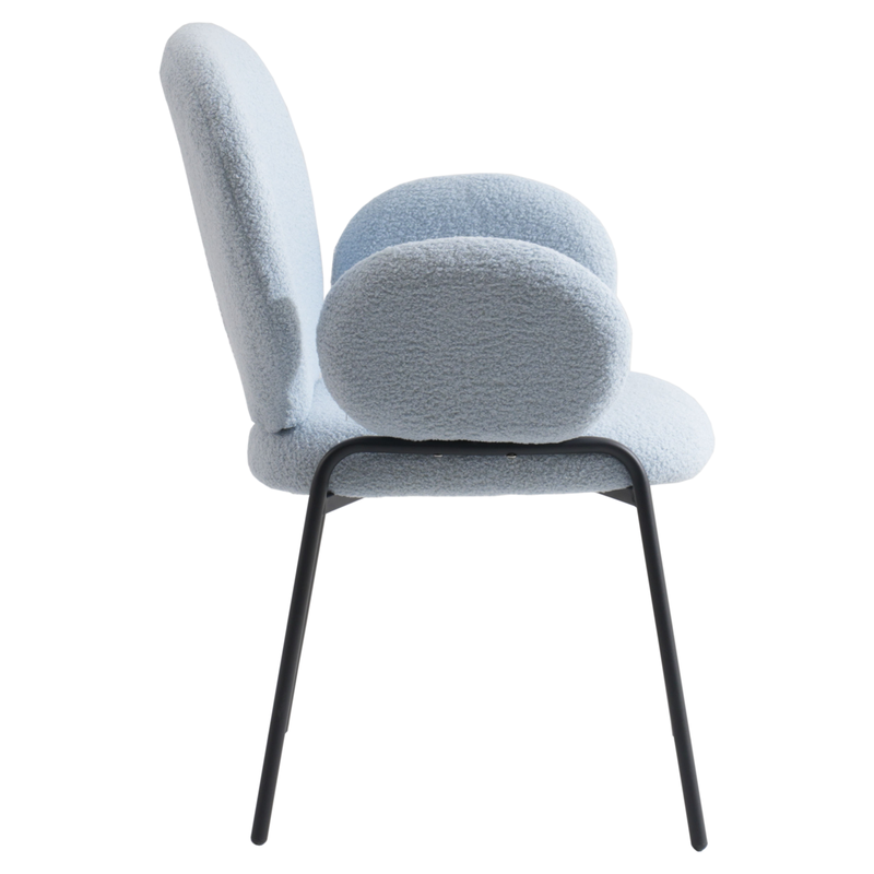 Leisuremod Celestial Series Boucle Dining Armchair with Black Frame and Blue Fabric Side View.