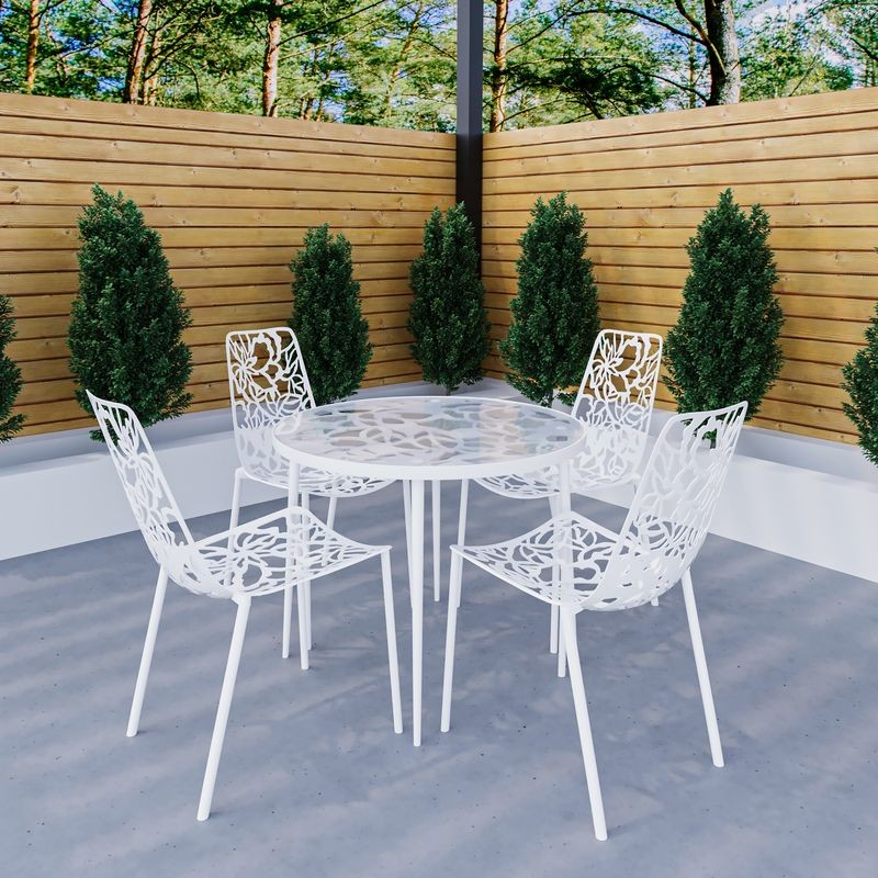 LeisureMod Devon Mid-Century Modern 5-Piece Aluminum Outdoor Patio Dining Set with Tempered Glass Top Table and 4 Stackable Flower Design Chairs White