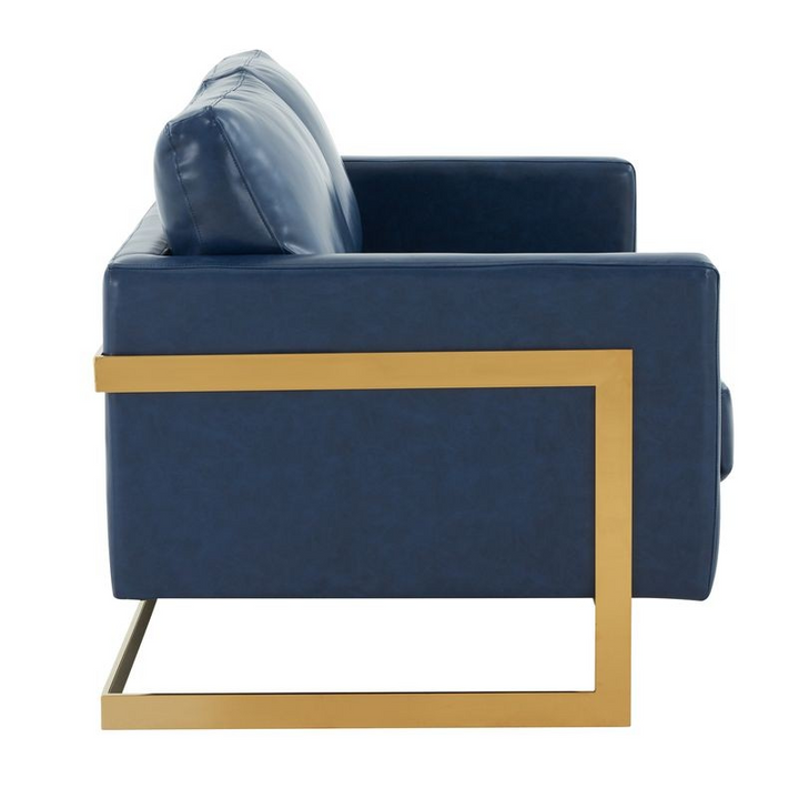 LeisureMod Lincoln Modern Mid-Century Upholstered PU Leather Loveseat with Gold Frame Navy Blue Side View