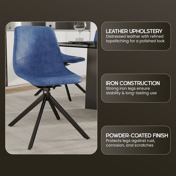 Blue chair with black legs in a room setting, featuring text on leather upholstery, iron construction, and powder-coated finish.