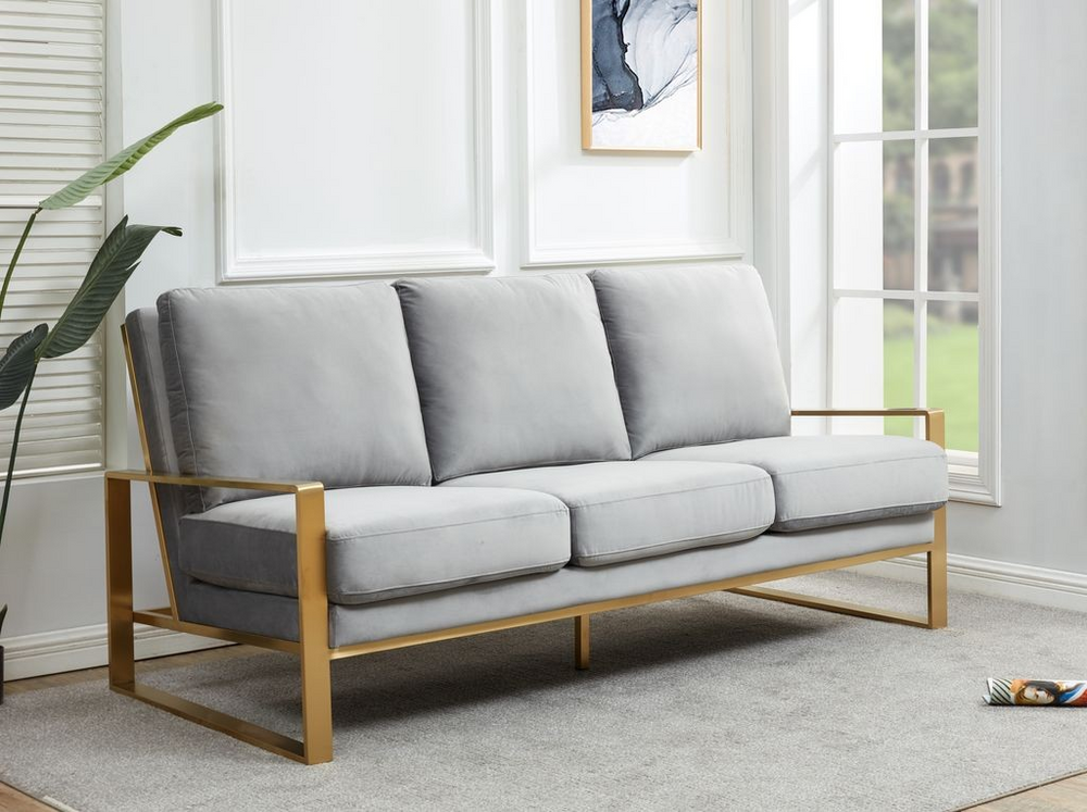 LeisureMod Jefferson Contemporary Modern Design Velvet Sofa with Gold Frame Light Grey with Background.