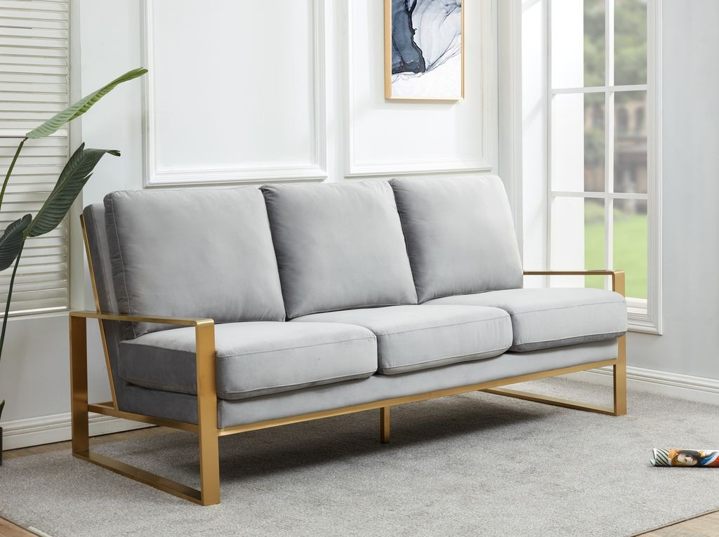 LeisureMod Jefferson Contemporary Modern Design Velvet Sofa with Gold Frame Light Grey with Background.