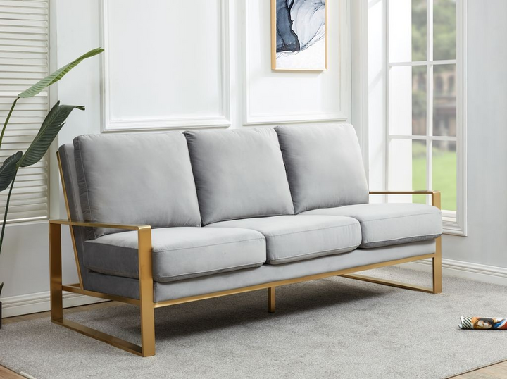 LeisureMod Jefferson Contemporary Modern Design Velvet Sofa with Gold Frame Light Grey with Background.