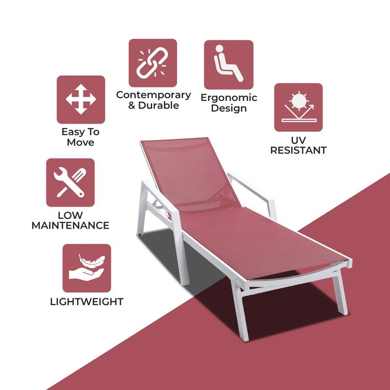 LeisureMod Marlin Patio Chaise Lounge Chair with Armrests in White Aluminum Frame Burgundy Description.