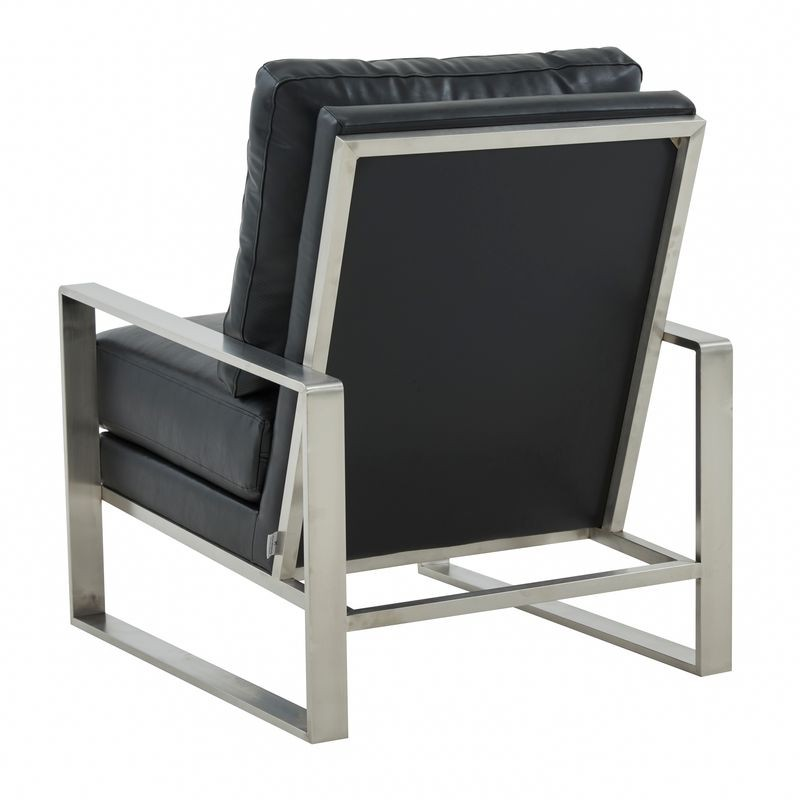 LeisureMod Jefferson Leather Modern Design Accent Armchair with Elegant Silver Frame Black Back View.