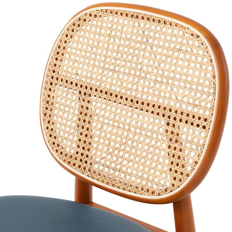 LeisureMod Holbeck Wicker Dining Chair with Upholstered Leather Seat and Beech Wood Legs Navy Blue Wicker Closeup.
