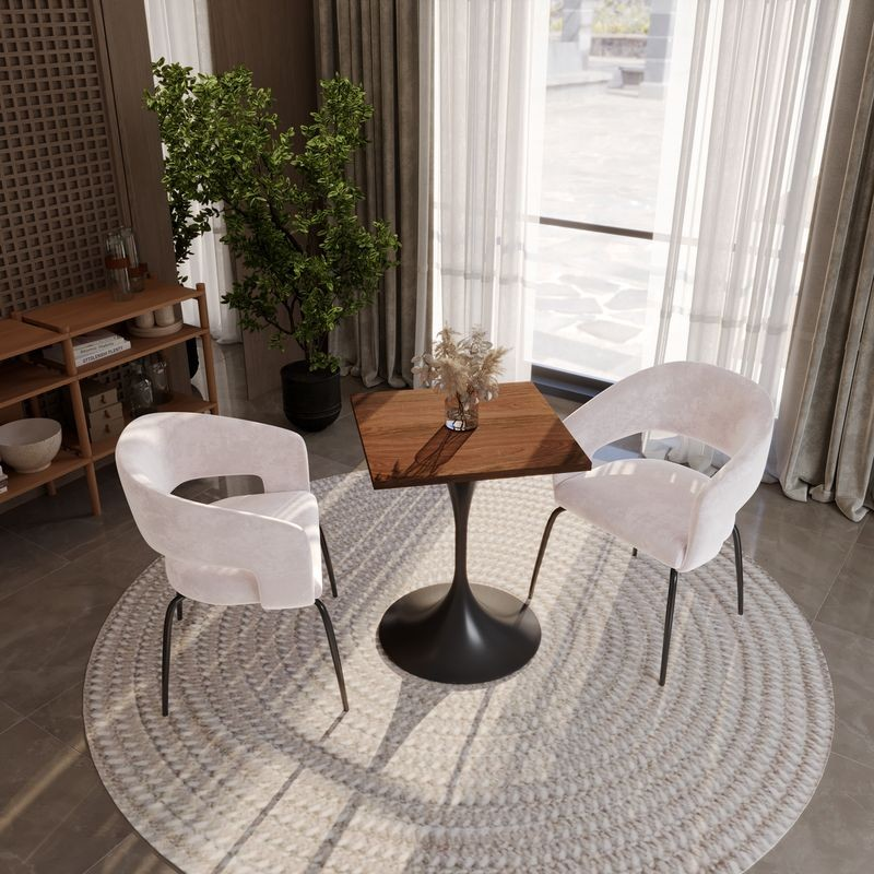 LeisureMod Verve Collection 24 Square Dining Table, Black Base with Cognac Brown MDF Top in Living Room.