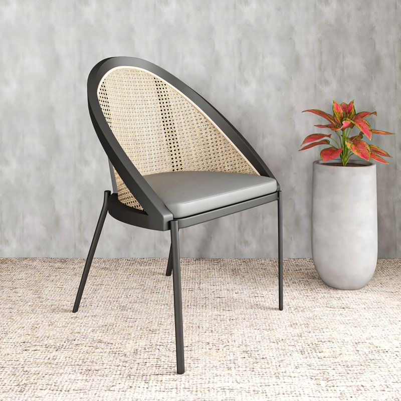LeisureMod Urbane Collection Modern Dining Chair with Wicker Back in Charcoal with Background.