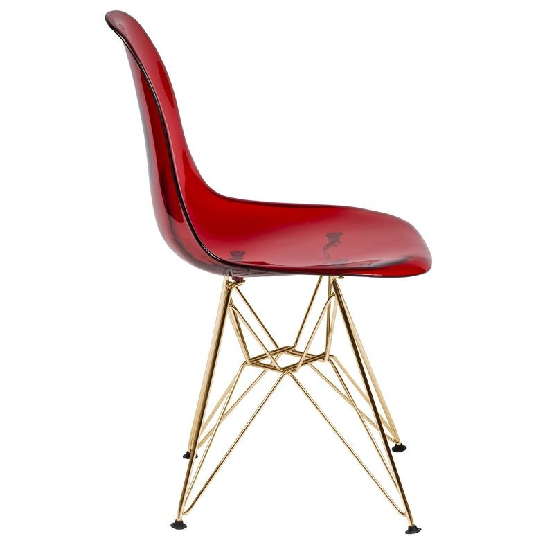 LeisureMod Cresco Molded Eiffel Side Chair with Gold Base Transparent Red Side View.