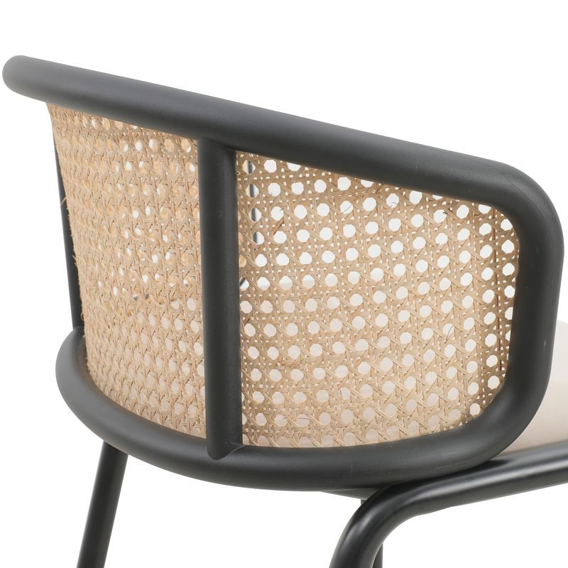 LeisureMod Ervilla Mid-Century Modern Wicker Bar Stool with Fabric Seat and Black Powder Coated Steel Frame in Beige Zoomed In.