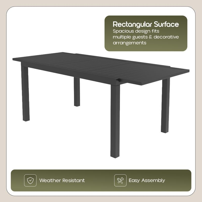 LeisureMod Marlin Extendable outdoor Dining Table 78-118 in Black Information.