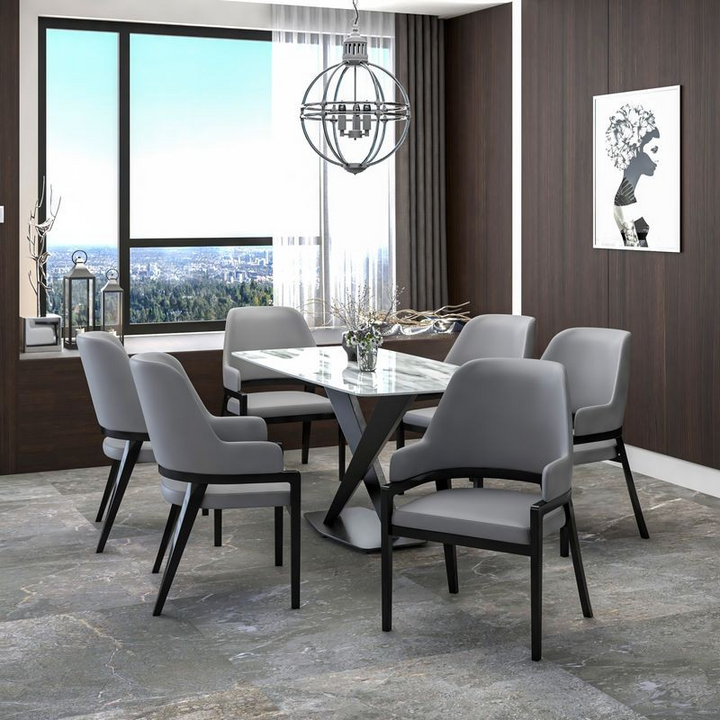 Leisuremod Ethora Collection Modern Wooden Dining Chair in Grey at Table.