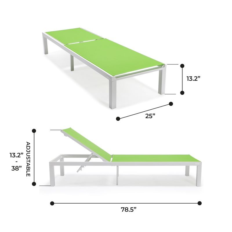 LeisureMod Marlin Patio Chaise Lounge Chair with White Aluminum Frame Green Dimensions.